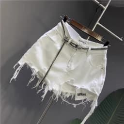 2026 New Korean White Raw Irregular Denim Skirt Women's Anti-Walk Naked Hole Pocket Exposed Short Skirt