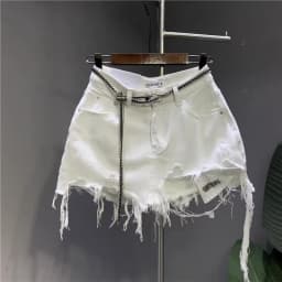 2026 New Korean White Raw Irregular Denim Skirt Women's Anti-Walk Naked Hole Pocket Exposed Short Skirt