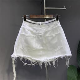 2026 New Korean White Raw Irregular Denim Skirt Women's Anti-Walk Naked Hole Pocket Exposed Short Skirt