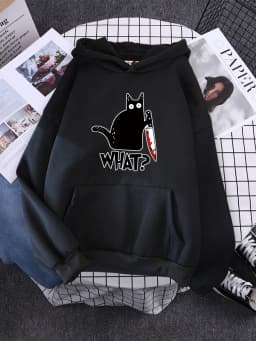 Hoody Little Black Cat And Knife Sweatshirt With Hooded Woman Oversized Aesthetic Hoodie Womens Winter Female Cats Hoodies