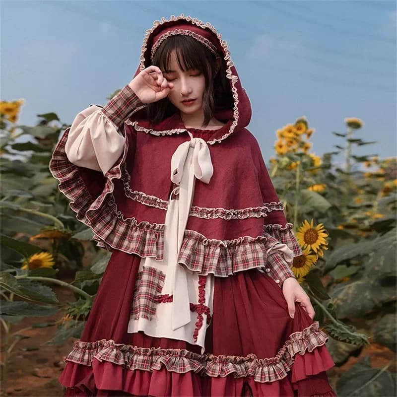 2025 HOT Sweet Girl Lolita Women Dress Vintage Patchwork Red Dresses with Cloak Cute Female Bing Cosplay Little Red Riding Hood