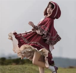 2025 HOT Sweet Girl Lolita Women Dress Vintage Patchwork Red Dresses with Cloak Cute Female Bing Cosplay Little Red Riding Hood