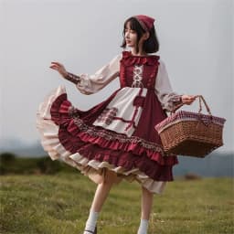 2025 HOT Sweet Girl Lolita Women Dress Vintage Patchwork Red Dresses with Cloak Cute Female Bing Cosplay Little Red Riding Hood