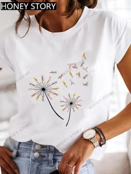 Dragonfly Butterfly Print Base Top Loose Women's Short-sleeved T-shirt Round Neck Oversized T Shirt Women Clothes TEE