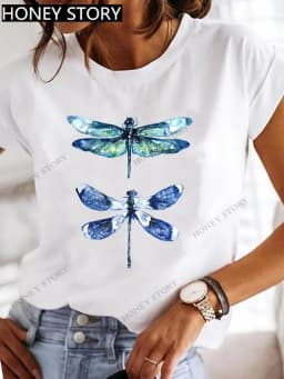 Dragonfly Butterfly Print Base Top Loose Women's Short-sleeved T-shirt Round Neck Oversized T Shirt Women Clothes TEE