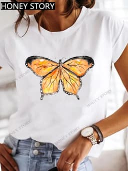 Dragonfly Butterfly Print Base Top Loose Women's Short-sleeved T-shirt Round Neck Oversized T Shirt Women Clothes TEE
