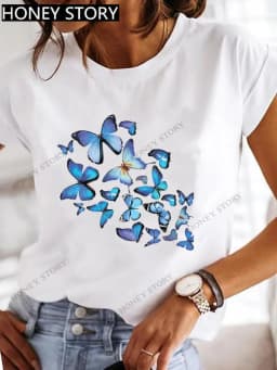 Dragonfly Butterfly Print Base Top Loose Women's Short-sleeved T-shirt Round Neck Oversized T Shirt Women Clothes TEE