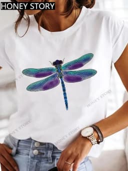 Dragonfly Butterfly Print Base Top Loose Women's Short-sleeved T-shirt Round Neck Oversized T Shirt Women Clothes TEE
