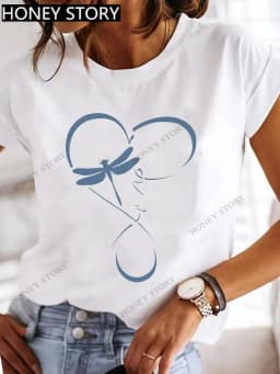 Dragonfly Butterfly Print Base Top Loose Women's Short-sleeved T-shirt Round Neck Oversized T Shirt Women Clothes TEE