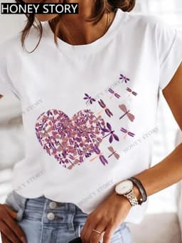 Dragonfly Butterfly Print Base Top Loose Women's Short-sleeved T-shirt Round Neck Oversized T Shirt Women Clothes TEE