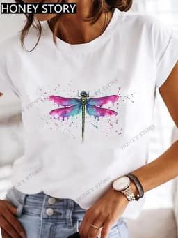 Dragonfly Butterfly Print Base Top Loose Women's Short-sleeved T-shirt Round Neck Oversized T Shirt Women Clothes TEE
