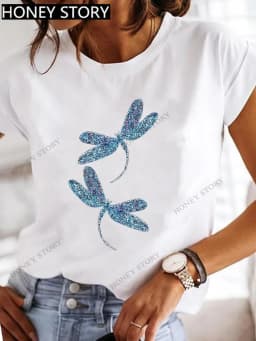 Dragonfly Butterfly Print Base Top Loose Women's Short-sleeved T-shirt Round Neck Oversized T Shirt Women Clothes TEE