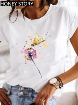 Dragonfly Butterfly Print Base Top Loose Women's Short-sleeved T-shirt Round Neck Oversized T Shirt Women Clothes TEE