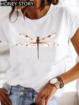 Dragonfly Butterfly Print Base Top Loose Women's Short-sleeved T-shirt Round Neck Oversized T Shirt Women Clothes TEE