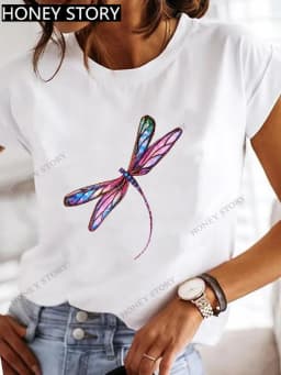 Dragonfly Butterfly Print Base Top Loose Women's Short-sleeved T-shirt Round Neck Oversized T Shirt Women Clothes TEE