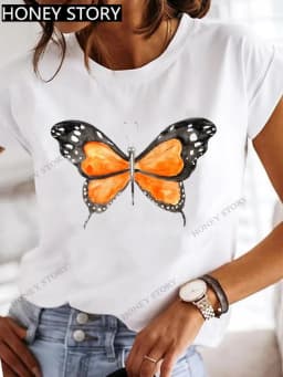 Dragonfly Butterfly Print Base Top Loose Women's Short-sleeved T-shirt Round Neck Oversized T Shirt Women Clothes TEE