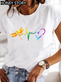 Dragonfly Butterfly Print Base Top Loose Women's Short-sleeved T-shirt Round Neck Oversized T Shirt Women Clothes TEE