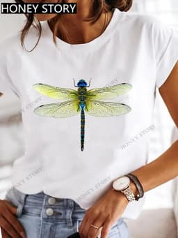 Dragonfly Butterfly Print Base Top Loose Women's Short-sleeved T-shirt Round Neck Oversized T Shirt Women Clothes TEE