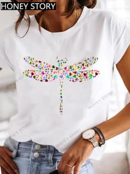 Dragonfly Butterfly Print Base Top Loose Women's Short-sleeved T-shirt Round Neck Oversized T Shirt Women Clothes TEE