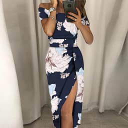 New Elegant Print Spring Dresses For Women Off Shoulder Short Sleeve Party Dress Women Summer Sexy Midi Dress 2023