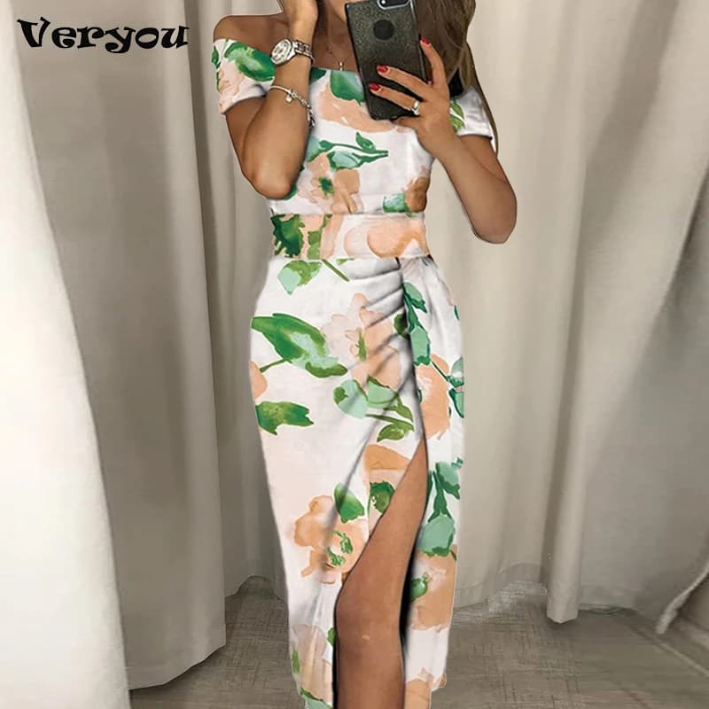 New Elegant Print Spring Dresses For Women Off Shoulder Short Sleeve Party Dress Women Summer Sexy Midi Dress 2023