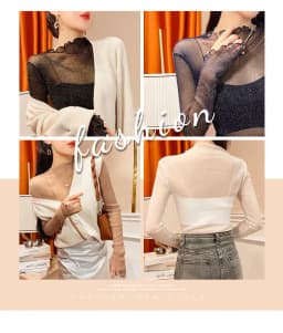 Sexy Women T Shirt See Through Transparent Mesh Tops Long Sleeve Sheer Slim Female Turtleneck Bright Silk T-Shirt Lace Crop Top
