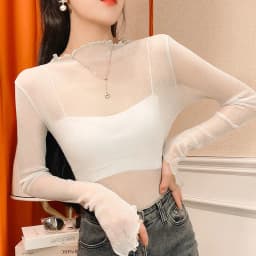 Sexy Women T Shirt See Through Transparent Mesh Tops Long Sleeve Sheer Slim Female Turtleneck Bright Silk T-Shirt Lace Crop Top