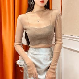 Sexy Women T Shirt See Through Transparent Mesh Tops Long Sleeve Sheer Slim Female Turtleneck Bright Silk T-Shirt Lace Crop Top