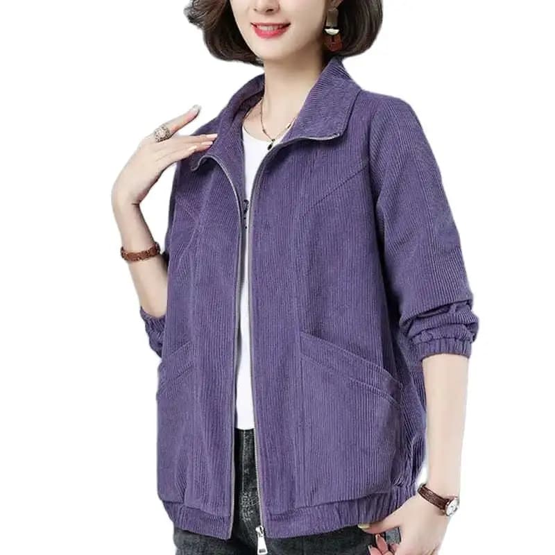 Corduroy Jacket 7XL 8XL Women's Short Loose Long-sleeved Zipper Coat Solid Casual Female Outwear Tops 2022 Spring Autumn New