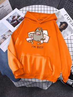 Sorry I'M Busy Cat Playing Games With Headphones Women Hoody Simple Pocket Pullovers Outdoor Soft Sweat Street Casual Female Top