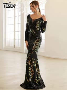 Yesexy New Women's Evening Dress Stretch Elegant Mermaid Maxi High Waist Long Sleeve V Neck Backless Sequin Prom Party Dress