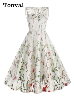 Tonval Floral Embroidered Mesh Overlay Vintage Long Dresses for Women High Waist Birthday Party Elegant Summer Dress