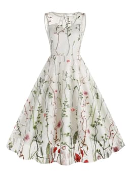Tonval Floral Embroidered Mesh Overlay Vintage Long Dresses for Women High Waist Birthday Party Elegant Summer Dress