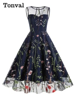 Tonval Floral Embroidered Mesh Overlay Vintage Long Dresses for Women High Waist Birthday Party Elegant Summer Dress