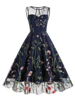 Tonval Floral Embroidered Mesh Overlay Vintage Long Dresses for Women High Waist Birthday Party Elegant Summer Dress