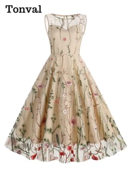 Tonval Floral Embroidered Mesh Overlay Vintage Long Dresses for Women High Waist Birthday Party Elegant Summer Dress
