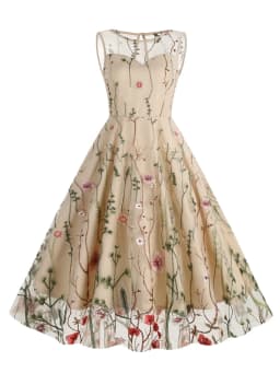 Tonval Floral Embroidered Mesh Overlay Vintage Long Dresses for Women High Waist Birthday Party Elegant Summer Dress