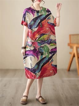 Short Sleeve Cotton Linen Print Vintage Dresses For Women 2026 Summer Casual Loose Long Dress Robe Femme Elegant Fashion Clothes