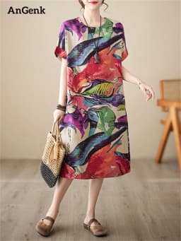 Short Sleeve Cotton Linen Print Vintage Dresses For Women 2026 Summer Casual Loose Long Dress Robe Femme Elegant Fashion Clothes