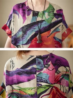Short Sleeve Cotton Linen Print Vintage Dresses For Women 2026 Summer Casual Loose Long Dress Robe Femme Elegant Fashion Clothes