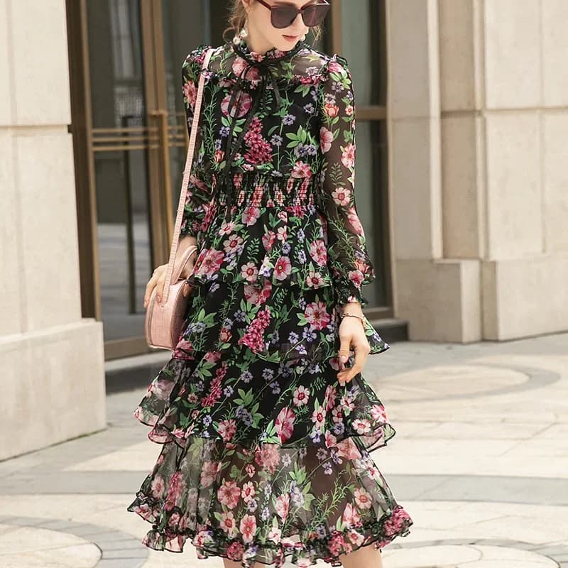 Spring Summer Dress 2024 Elegant Silk Dresses For Women Long Sleeve Floral Dress Korean Fashion Clothes Vestidos Pph4204