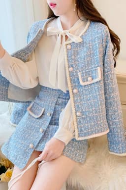 Elegant Blue/Black Tweed Suits For Women High Quality Pearl Button Embroidery Short Coat Irregular Skirts Two Piece Crop Top Set