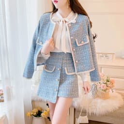 Elegant Blue/Black Tweed Suits For Women High Quality Pearl Button Embroidery Short Coat Irregular Skirts Two Piece Crop Top Set