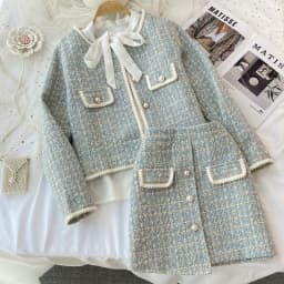Elegant Blue/Black Tweed Suits For Women High Quality Pearl Button Embroidery Short Coat Irregular Skirts Two Piece Crop Top Set