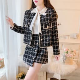 Elegant Blue/Black Tweed Suits For Women High Quality Pearl Button Embroidery Short Coat Irregular Skirts Two Piece Crop Top Set