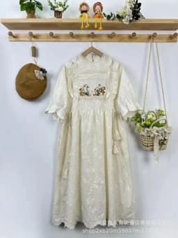 Vintage Floral Embroidery Short Sleeve Dress Women Japanese Mori Girl Spring Sweet O-Neck Cotton Linen Dress vestidos para mujer