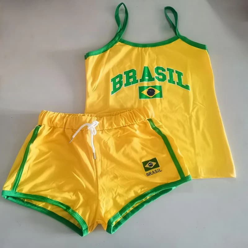 Two Piece Set Y2k Sling+shorts Brasil Letter Printing Tank Top Summer Women Backless Slim Sleeveless Camisole Crop Tops T Shirt