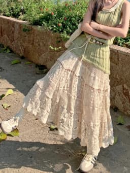 Mid Long Skirt Women Knitted Skirt 2024 Goth Lolita Spring Summer High Waisted Holllow Out Crochet Floral Pleated Skirts rok