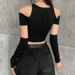 Patchwork Black T-shirts Gothic Y2k Crop Tops Ruffles Hem Hip Hop Techwear Women Tees