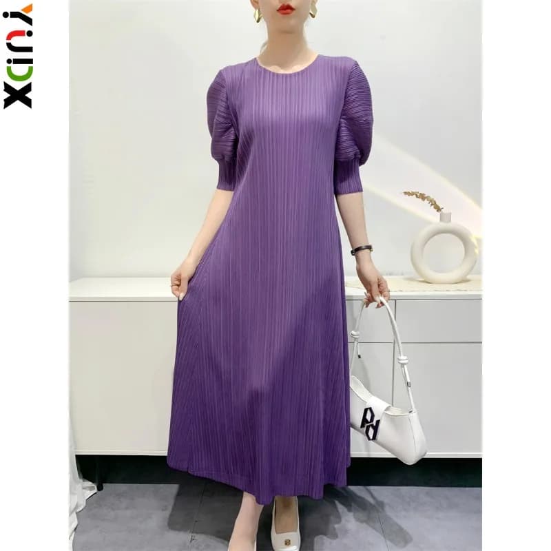 YUDX Miyake Pleated Fashion Women's Dresses Loose Plus Size Medium-length Round Neck Short-sleeved Girls Dresses 2024 Summer New